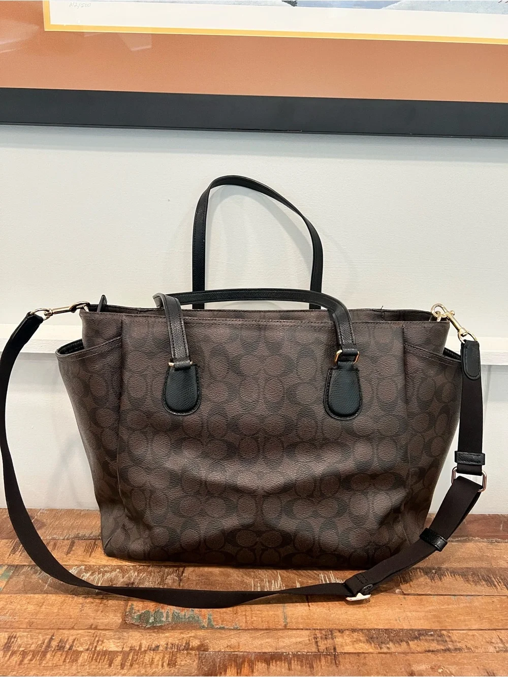 Signature Pattern Brown Diaper Tote Bag with Shoulder Strap